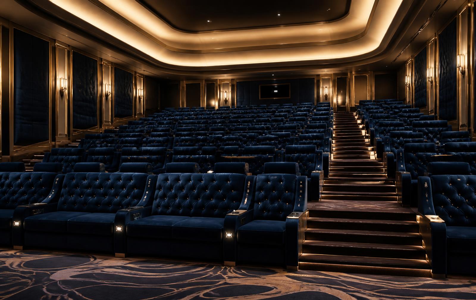 Cinema hall seating with blue leather recliners