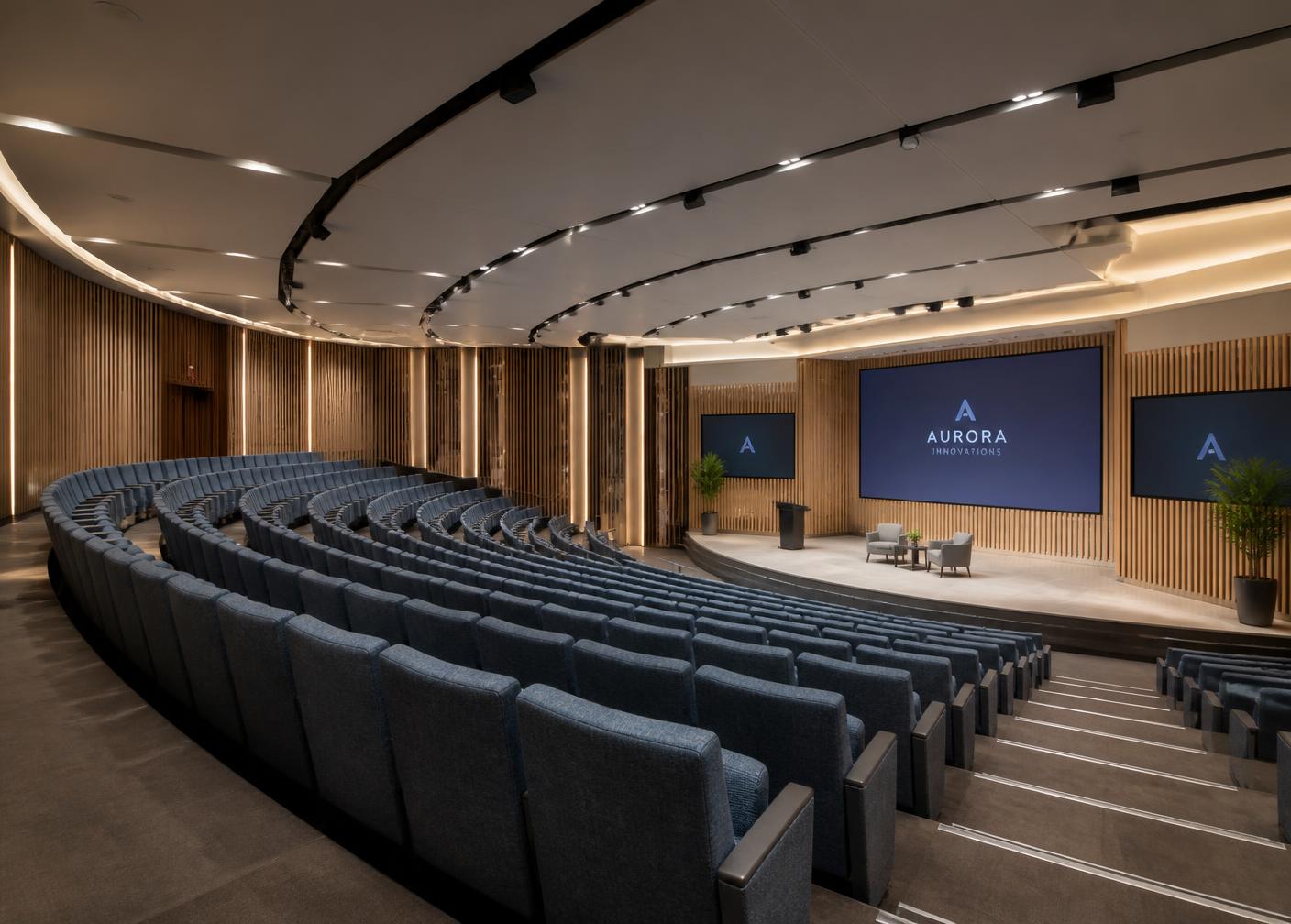 Modern corporate auditorium with curved rows of blue-grey seating